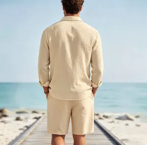 Men's linen long sleeve set detail view showing casual lapel cardigan and matching shorts.
