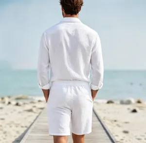 Men linen casual long sleeve shirt shorts set detail view, white solid color beachwear.
