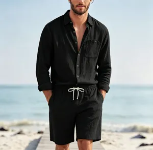 Men casual solid linen long sleeve shirt and shorts set summer beach vacation outfit.