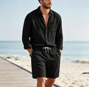 Men's solid color long sleeve linen shirt and shorts set casual beachwear apparel detail.