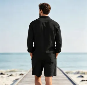 Men's solid color lapel cardigan linen loose casual long sleeve set detail view.
