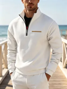 Men winter fleece half zip sweatshirt outdoor warm stand collar casual white top detail