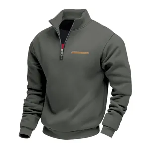 Men's winter fleece half-zip sweatshirt, loose outdoor thermal stand collar pullover top.