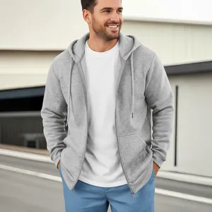 Felpa con cappuccio e zip intera da uomo in tinta unita con coulisse e tasche a marsupio.