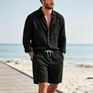 Men's Solid Color Long Sleeve Linen Shirt and Shorts Casual Set Beachwear Fashion Outfit