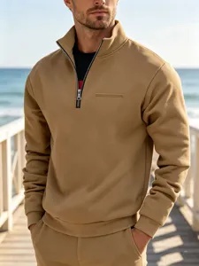 Men's casual quarter-zip fleece sweatshirt and pants set, outdoor warm camel athletic wear.