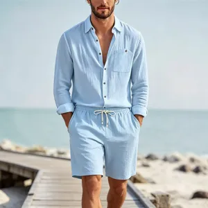 Men's casual linen long sleeve shirt and shorts set light blue summer beach wear outfit