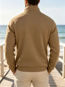 Men's casual winter fleece-lined half-zip stand collar sweatshirt in stylish solid camel color.