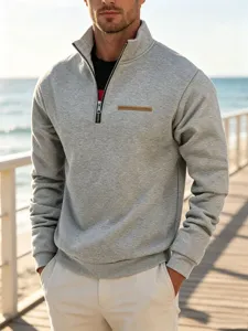 Men's casual quarter-zip fleece sweatshirt, solid light grey outdoor sports pullover with stand collar.