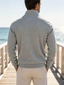 Men's grey quarter-zip stand collar sweatshirt outdoor scene back view detailed shot.