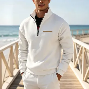 Men's winter fleece-lined heavyweight quarter-zip stand collar sweatshirt set white outdoor