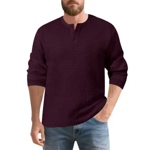 Men's long sleeve waffle knit Henley shirt casual loose vintage button pullover top