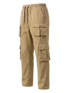 Khaki Cargohose Detailansicht, Mehrtaschen Design, robustes Twillgewebe, Bund verstellbar.