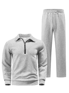 Men casual jacquard tracksuit detail showing quarter-zip lapel polo and matching trousers.