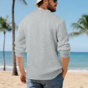 Men's grey textured long sleeve waffle knit t shirt casual retro henley base top detail view.