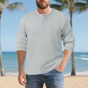 Men's grey waffle knit long sleeve Henley shirt detail view, casual retro beach style.