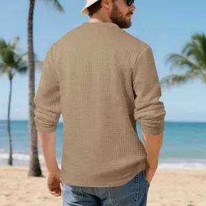 Men's vintage jacquard grid long sleeve henley shirt casual khaki base top for autumn winter.
