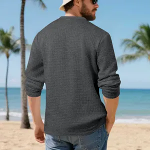 Detail shot of mens textured long sleeve shirt in dark gray casual style for daily wear.