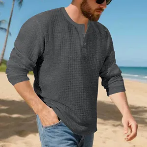 Men's Long Sleeve Henley T-Shirt Casual Waffle Jacquard Loose Retro Fall Cotton Top
