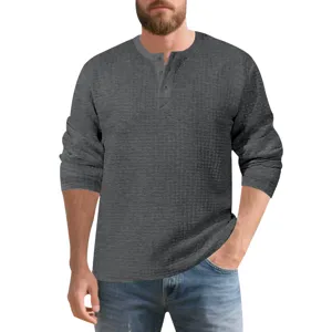 Men's long sleeve waffle knit Henley shirt casual loose retro pullover top dark grey.