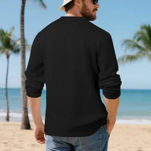 Men's heavy waffle knit long sleeve t-shirt vintage casual solid color retro style.