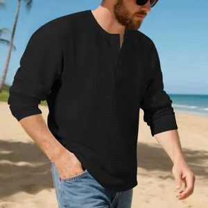 Men's casual long sleeve waffle Henley shirt in black with textured jacquard pattern.