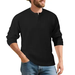 Men's waffle knit long sleeve Henley shirt black casual textured pullover top detail
