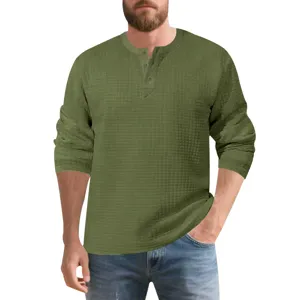 Mens long sleeve waffle henley shirt casual vintage textured pullover top for autumn.
