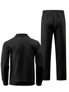 Men's jacquard polo sweatshirt and straight pants casual sports set product detail view.