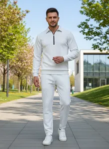Men's white textured jacquard polo sweatshirt and trousers casual tracksuit set detail view.