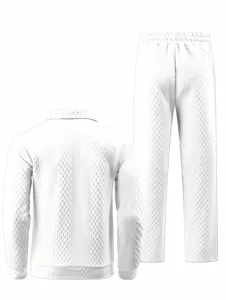 Men's casual jacquard knit tracksuit set featuring a lapel polo sweatshirt and straight pants.