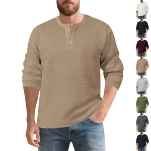 Men's Vintage Long Sleeve Henley T-Shirt Casual Heavyweight Jacquard Small Grid Pullover Top Winter Fall Fashion Clothing