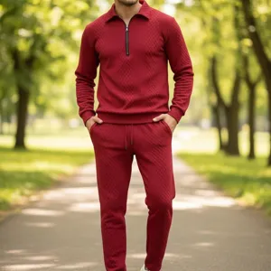 Men Casual Jacquard Sports Set Long Sleeve POLO Collar Sweatshirt And Straight Pants Autumn Activewear Outfit