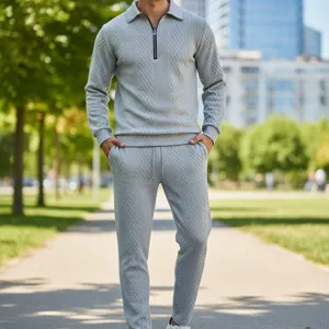 Men grey jacquard tracksuit polo sweatshirt straight pants casual sportswear spring autumn