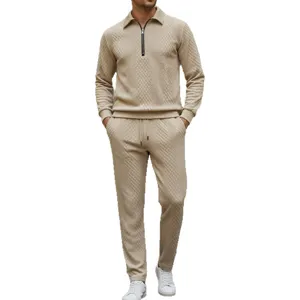 Men's casual knitted tracksuit set with half-zip polo collar and long pants in khaki jacquard.