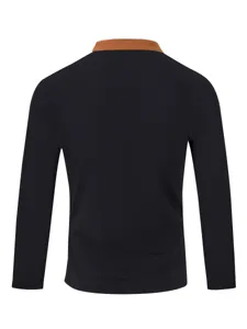Back view detail of the black waffle knit long sleeve shirt with contrast brown collar.