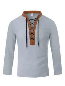 Men's waffle knit long sleeve shirt with contrast stand collar and lace up design.