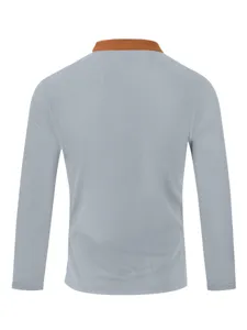 Back detail of men's casual long sleeve waffle knit shirt in grey with brown collar design.