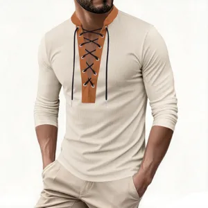 Men's Casual Waffle Knit Pullover Long Sleeve Mock Neck Color Block Shirt Loose Fit Daily Fashion Top