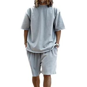 Men's summer casual solid color round neck short sleeve t-shirt and shorts loose sportswear set.