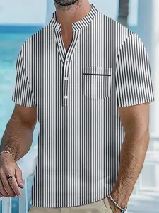 Detail shot of men vertical striped short sleeve henley shirt with chest pocket and buttons.