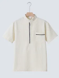 Men summer striped mandarin collar short sleeve casual henley shirt top fashion new