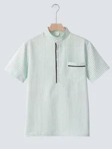 Men's green and white striped short sleeve mandarin collar shirt casual summer henley top.