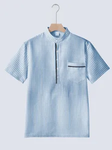 Men's summer striped mandarin collar short sleeve shirt casual loose breathable top
