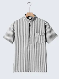 Men's summer short sleeve striped henley shirt casual collarless top with chest pocket