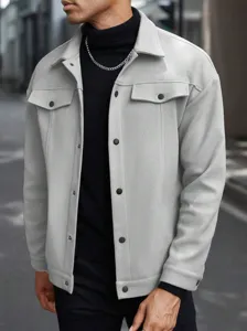 Men's casual wool blend jacket detail showing turn-down collar and button up design.