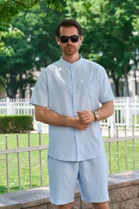 Ensemble chemise et short jacquard casual d'été pour homme avec col mao et poche détail