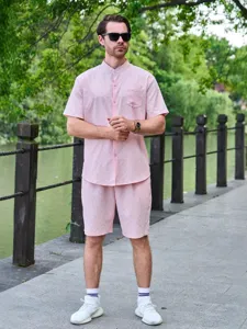 Ensemble chemise et short decontracté en jacquard manches courtes col mao pour homme