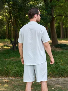 Ensemble chemise et short d'ete pour homme manches courtes col mao jacquard gris mode