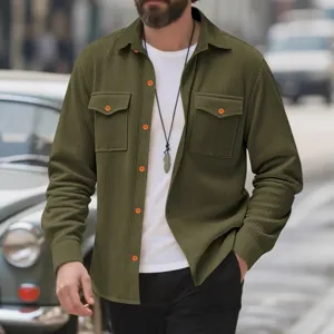 Chemise veste homme en velours côtelé manches longues style travail poche poitrine automne.